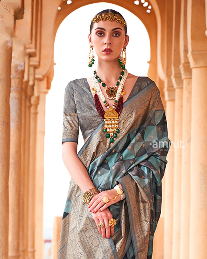 Blue Multicolor Zari Embellished Silk Saree with Unstitched Blouse