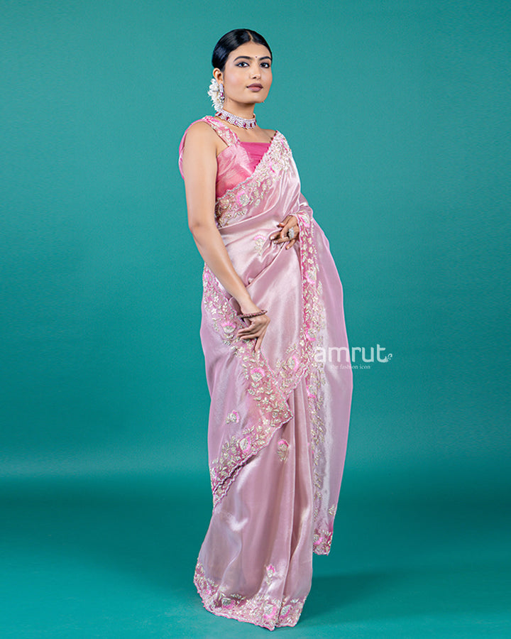 Light Pink Organza Saree With Floral-Detail Embellished Border and Unstitched Blouse