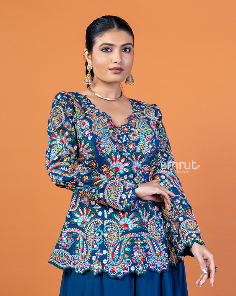 Dark Blue Embroidered Plum Top with Flowing Sharara Pants