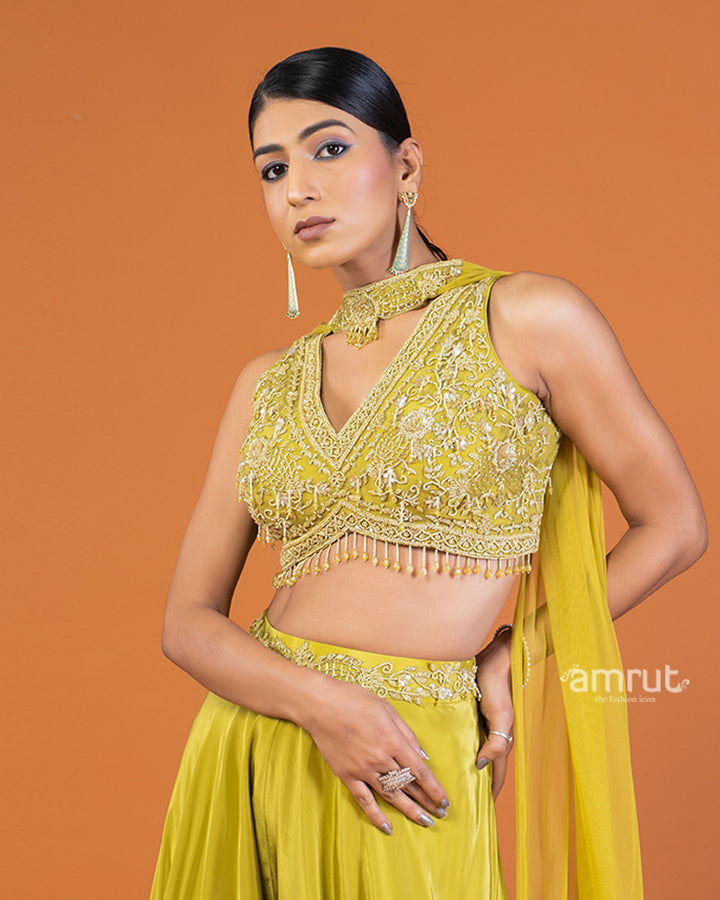 Lime Yellow Embellished Crop Top with Palazzo and Choker-Style Dupatta