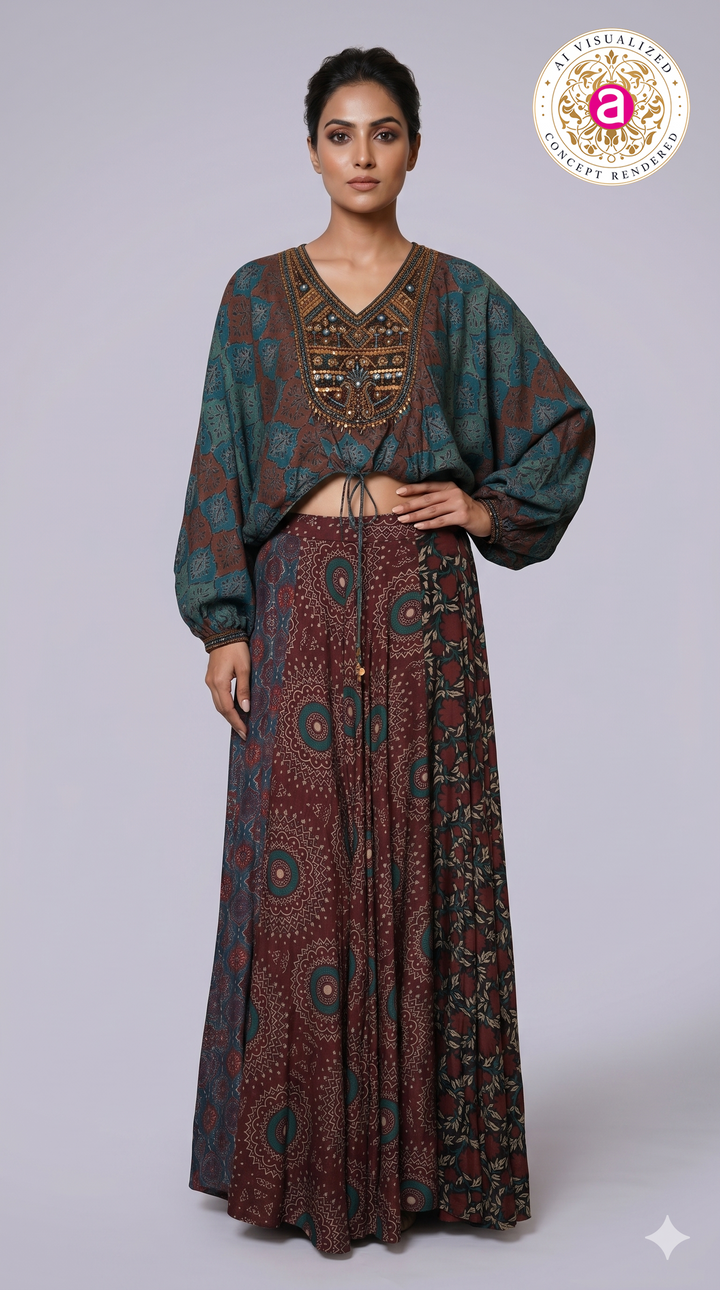 Bohemian Printed Co-Ord Set with Embellished Crop Top & Maxi Skirt