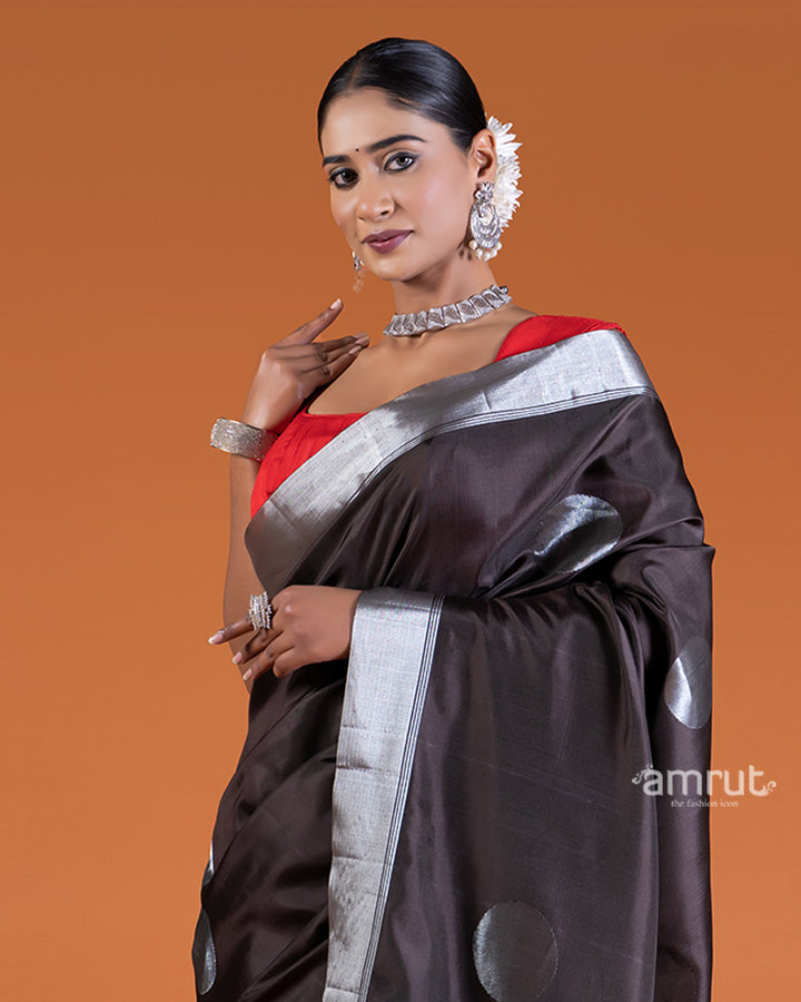 Black Silk with Silver Borders and Maroon Floral Design Saree with unstitched blouse