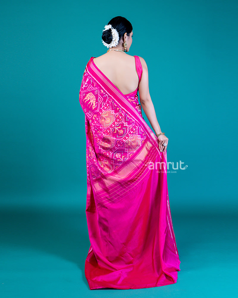 Magenta Pink Ikat Print Patola Saree with Unstitched Blouse