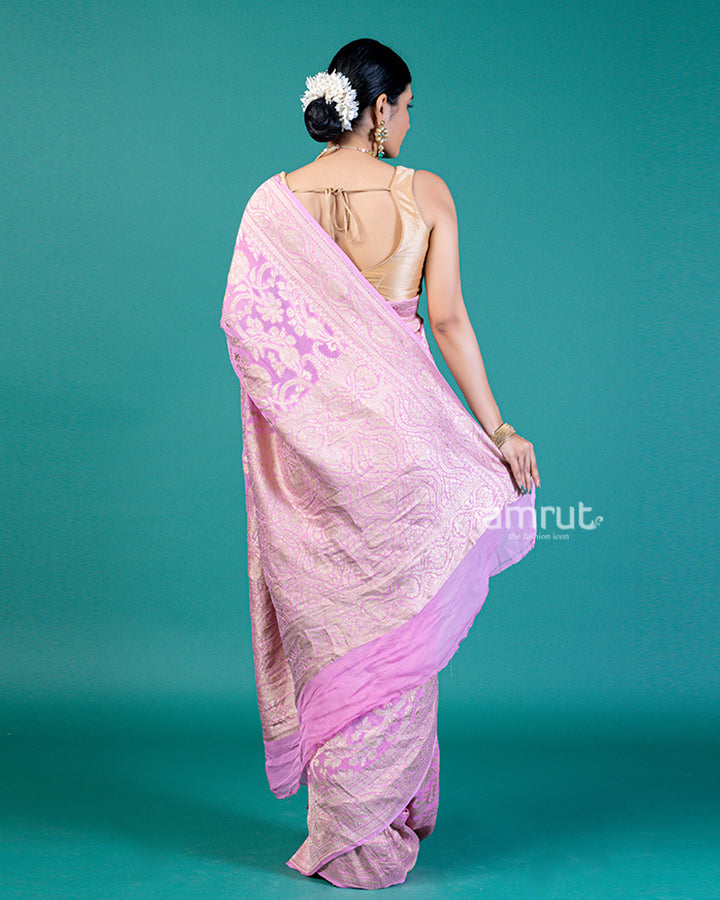 Light Purple Saree with Intricate Silver Zari Floral & Paisley Work and Unstitched Blouse