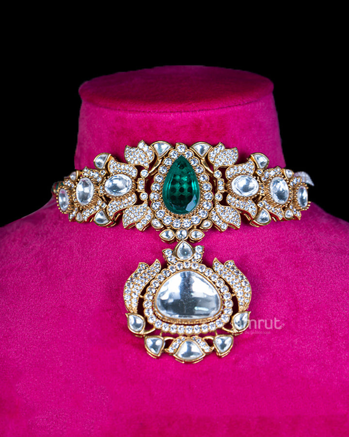 Emerald and Crystal Gold-Toned Choker Necklace, and Earrings Set