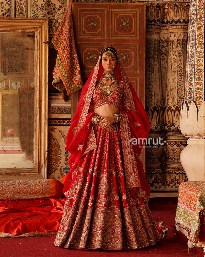 Red Golden Embroidered Bridal Lehenga Choli with Maroon Dupatta