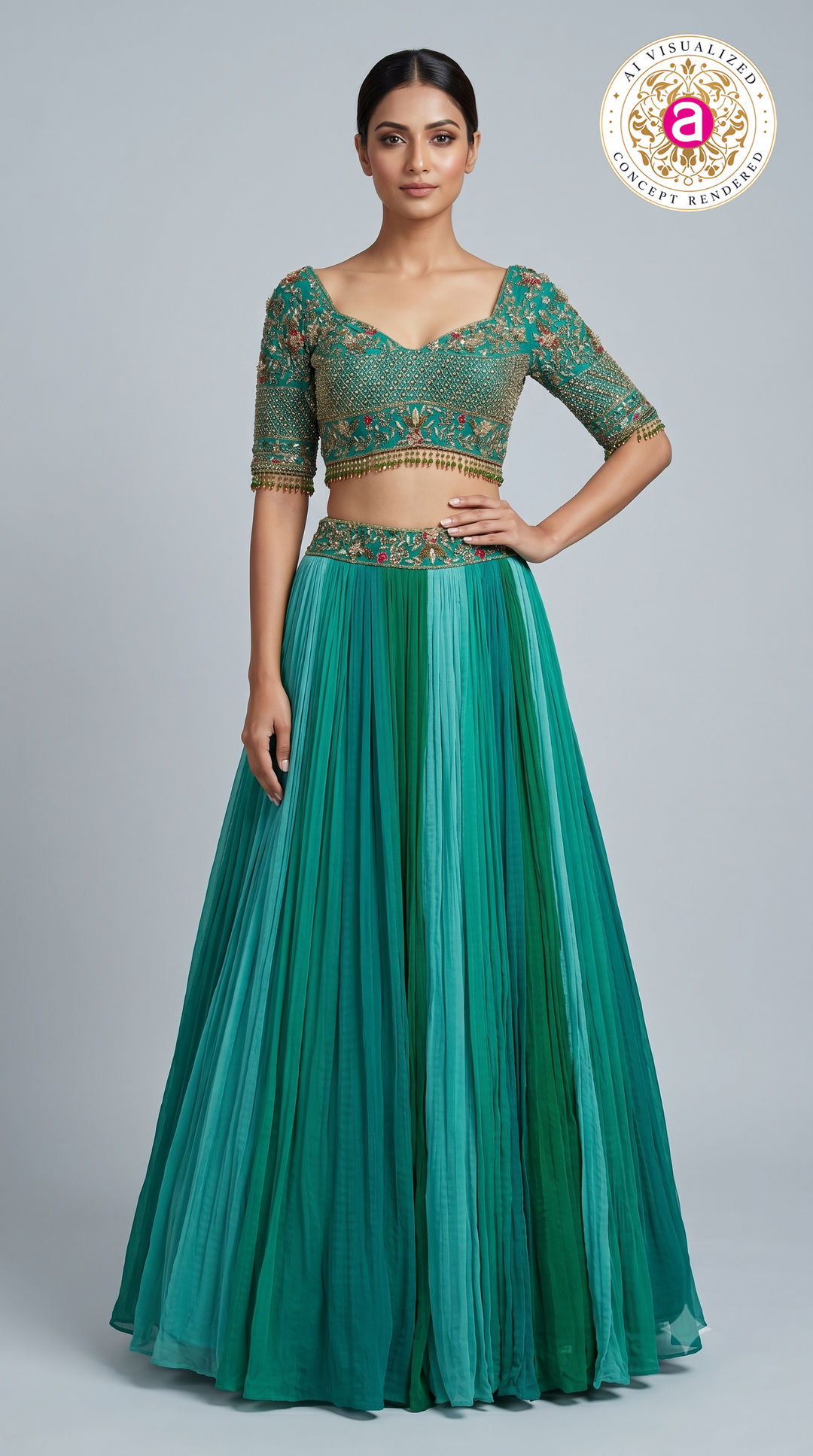 Teal Green Embroidered Crop Top with Pleated Lehenga Skirt