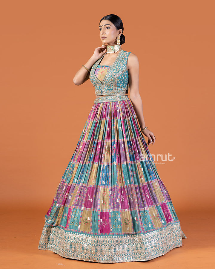 Teal and Golden Embroidered Choli with Multicolor Tiered Lehenga Set