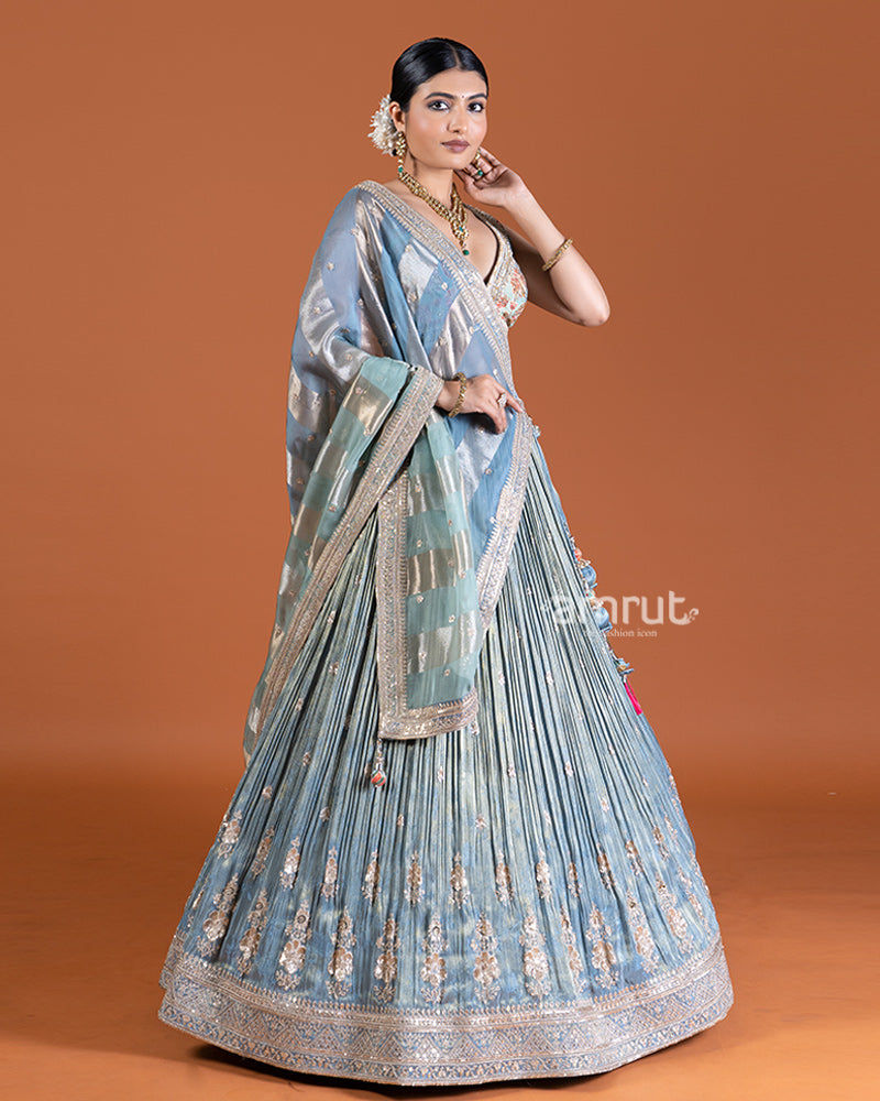 Gray-Blue Lehenga Set with Mint Green Choli, Pink Tassels, and Dupatta