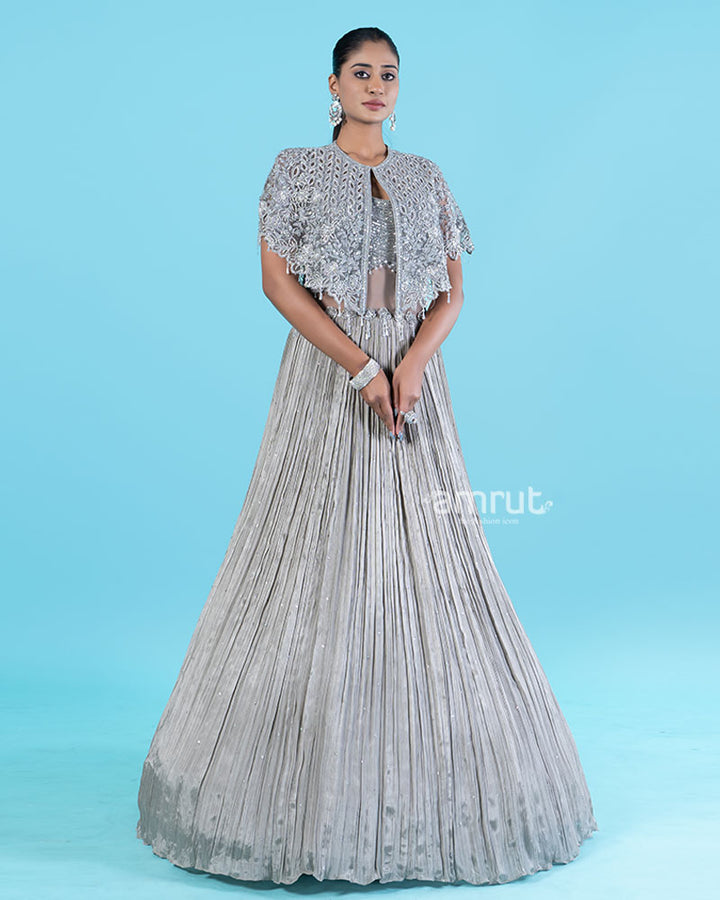 Silver-Gray Embellished Cape with Crop Choli and Pleated Lehenga