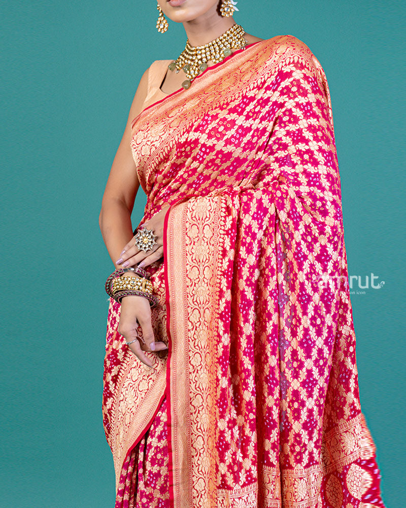 Red and Pink Zari Woven & Bandhej Floral Motifs Saree with Unstitched Blouse