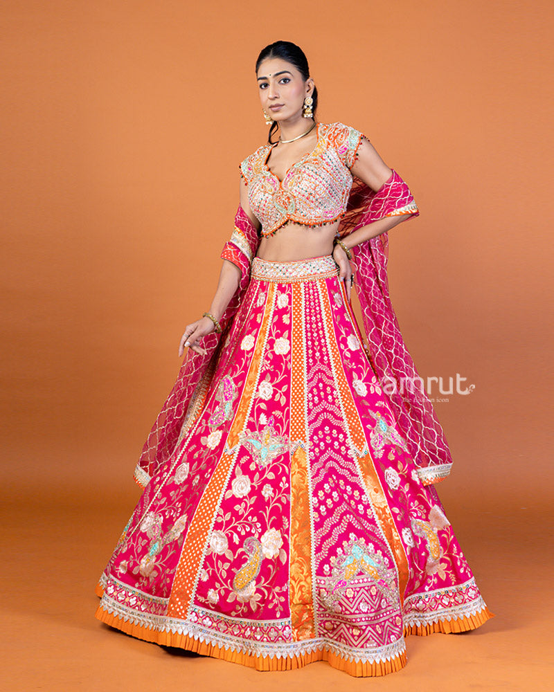 Pink and Orange Embroidered Lehenga Choli with Sheer Dupatta