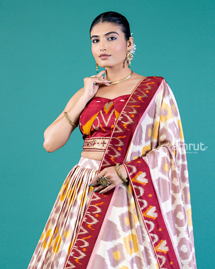 Cream-Beige Geometric Lehenga Choli with Maroon Border and Dupatta