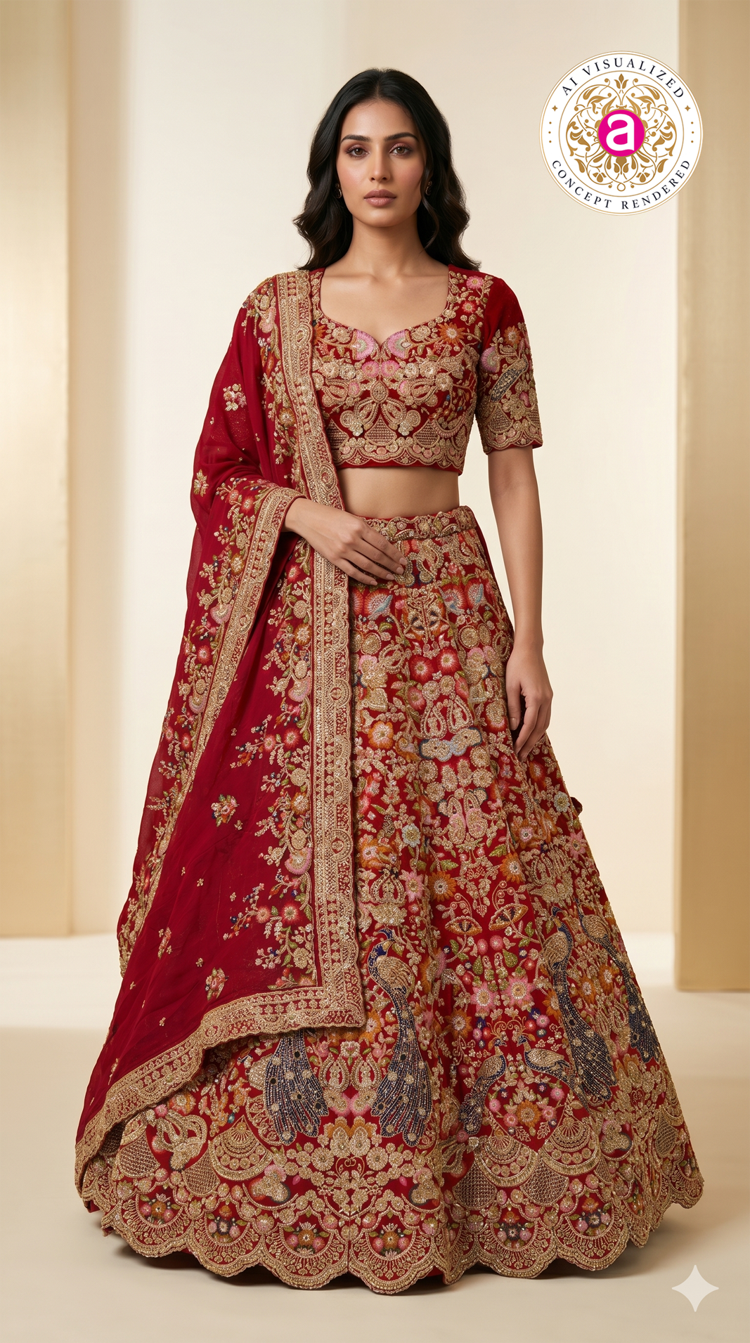 Royal Crimson Bridal Lehenga Set with Intricate Zardozi Embroidery & Peacock Motifs