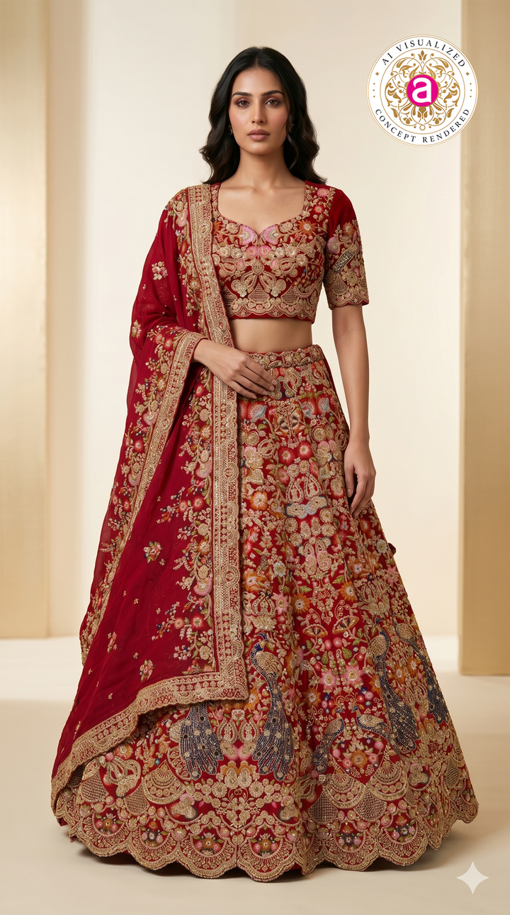 Royal Crimson Bridal Lehenga Set with Intricate Zardozi Embroidery & Peacock Motifs