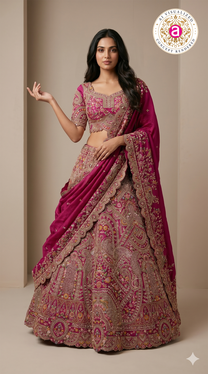 Royal Magenta Bridal Lehenga Set with Heritage Zardozi Embroidery & Regal Motifs