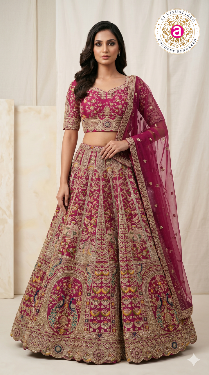 Royal Fuchsia Pink Bridal Lehenga Set with Peacock Motifs & Heritage Zari Embroidery