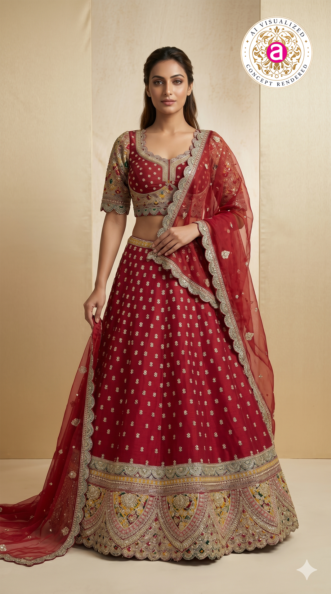 Ruby Red Bridal Lehenga Set with Heritage Embroidered Border & Designer Net Dupatta