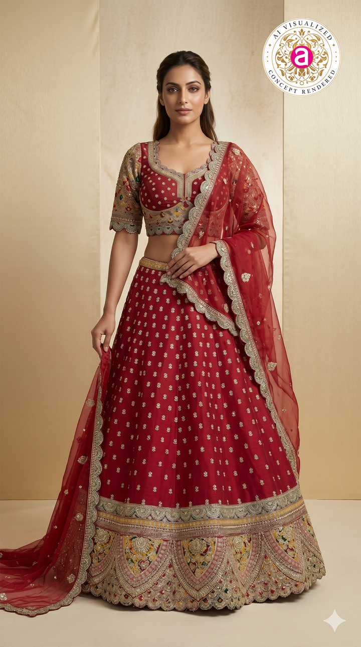 Ruby Red Bridal Lehenga Set with Heritage Embroidered Border & Designer Net Dupatta