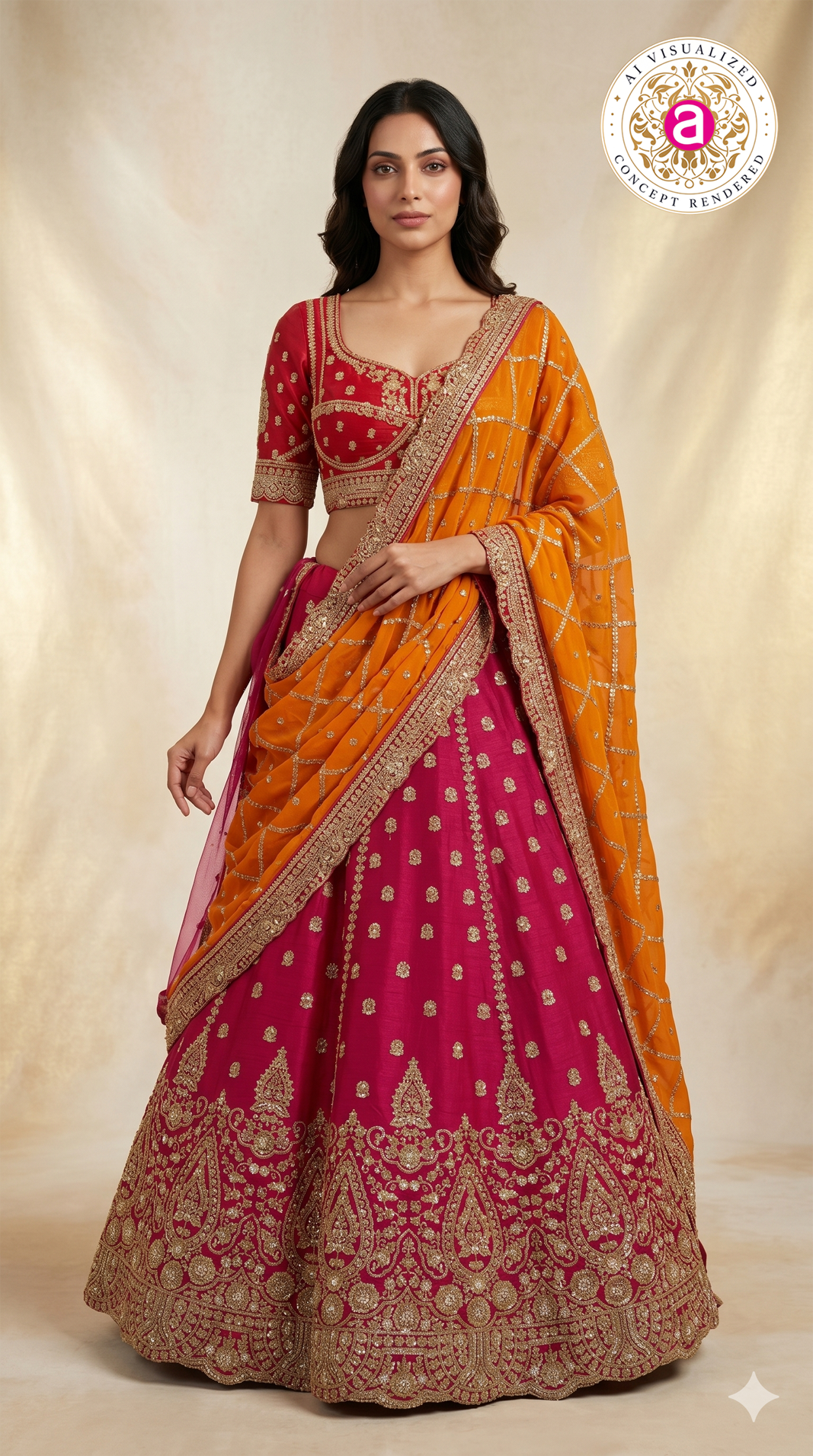 Rani Pink Bridal Lehenga Set with Orange Embroidered Dupatta & Royal Zari Heritage Work
