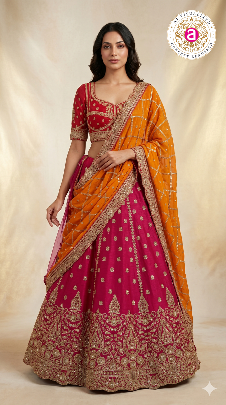 Rani Pink Bridal Lehenga Set with Orange Embroidered Dupatta & Royal Zari Heritage Work