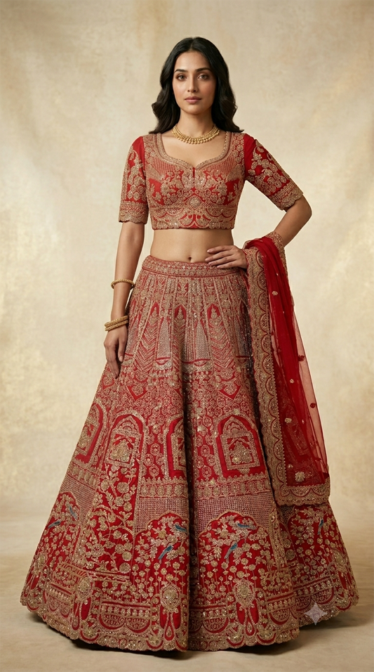 Royal Crimson Red Bridal Lehenga Set with Heritage Zari Embroidery & Designer Net Dupatta