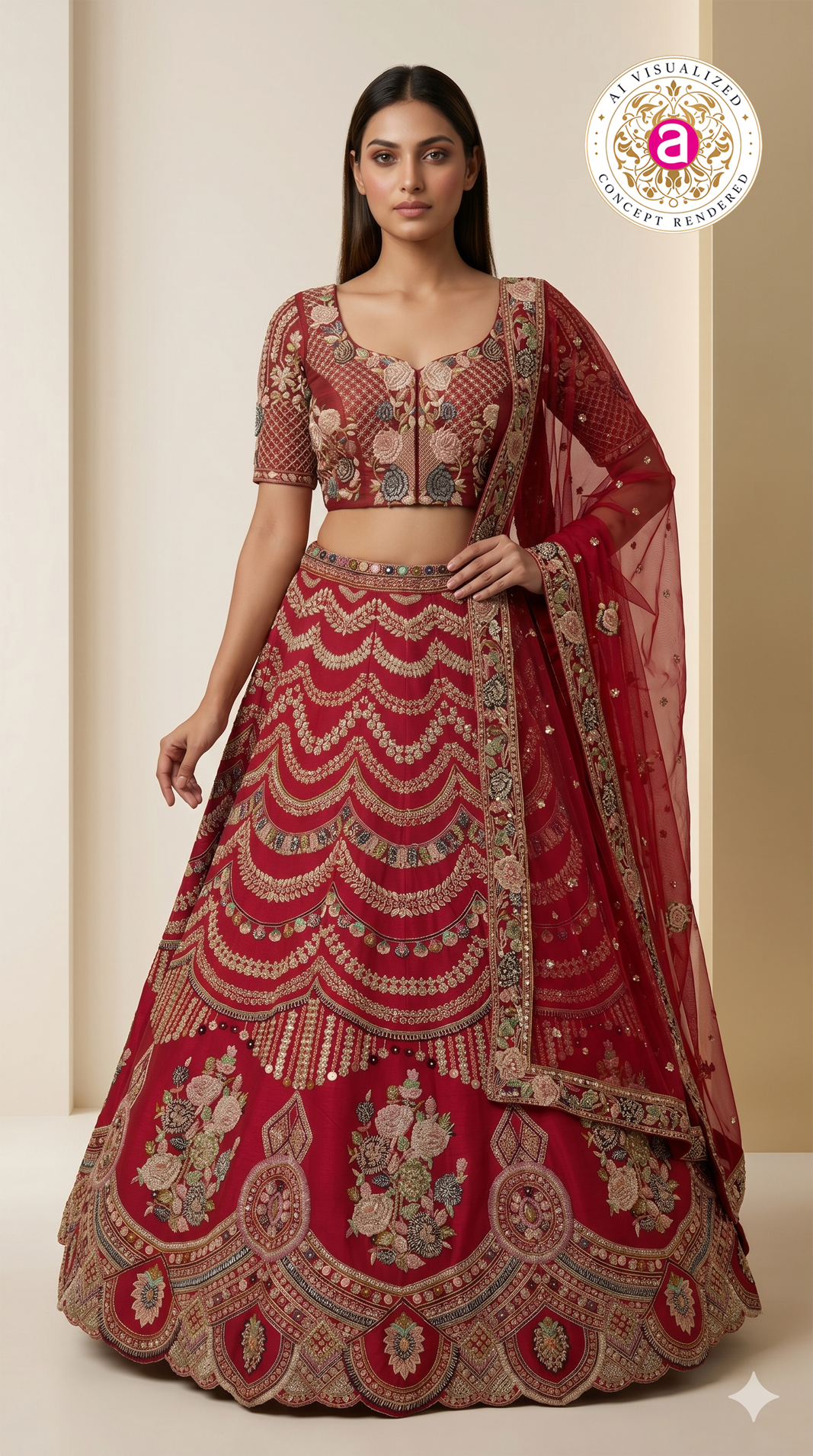 Ruby Red Designer Bridal Lehenga Set with Floral Embroidery & Ornate Zari Detailing