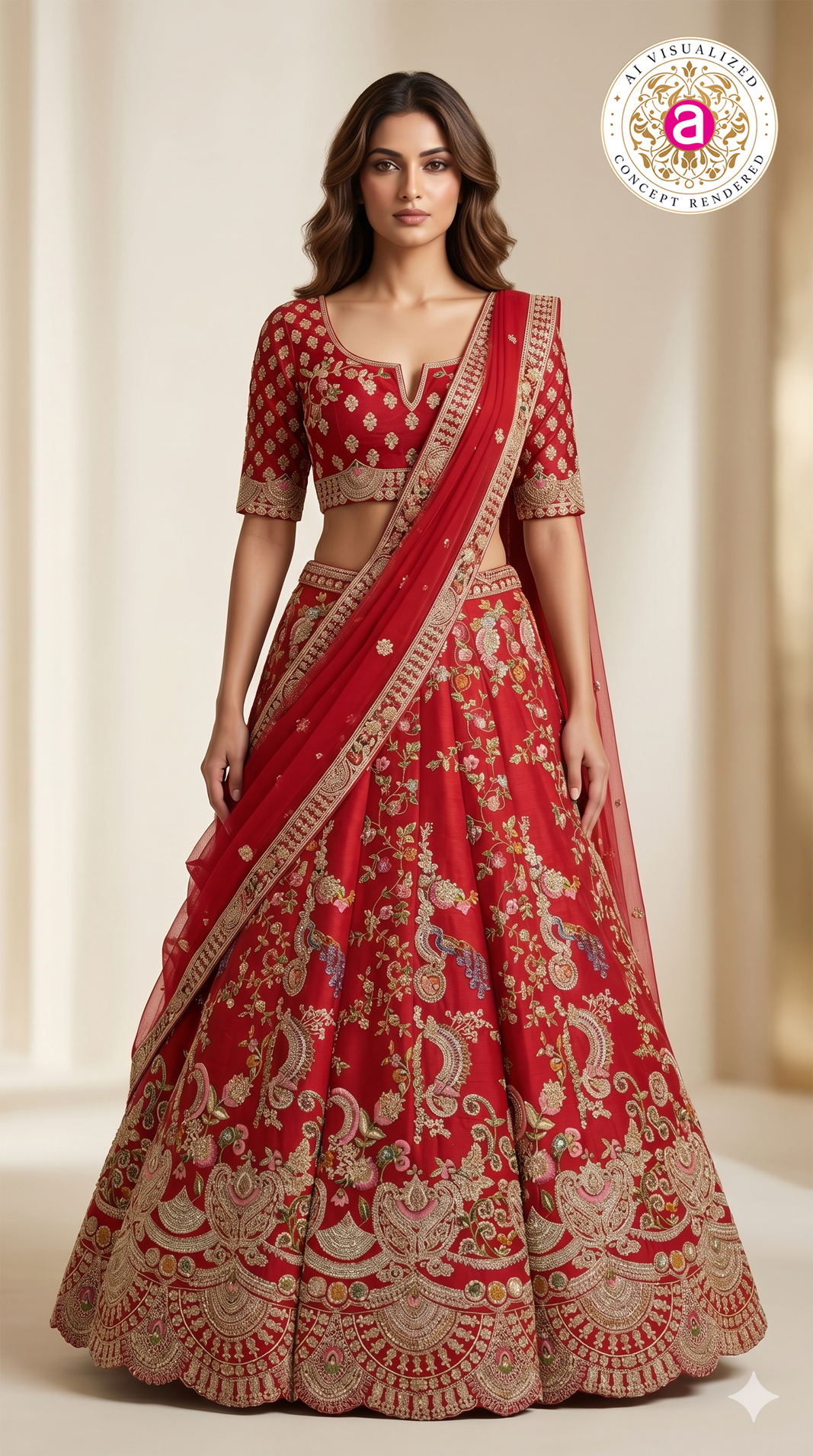 Scarlet Red Bridal Lehenga Set with Floral Zari Embroidery & Designer Net Dupatta