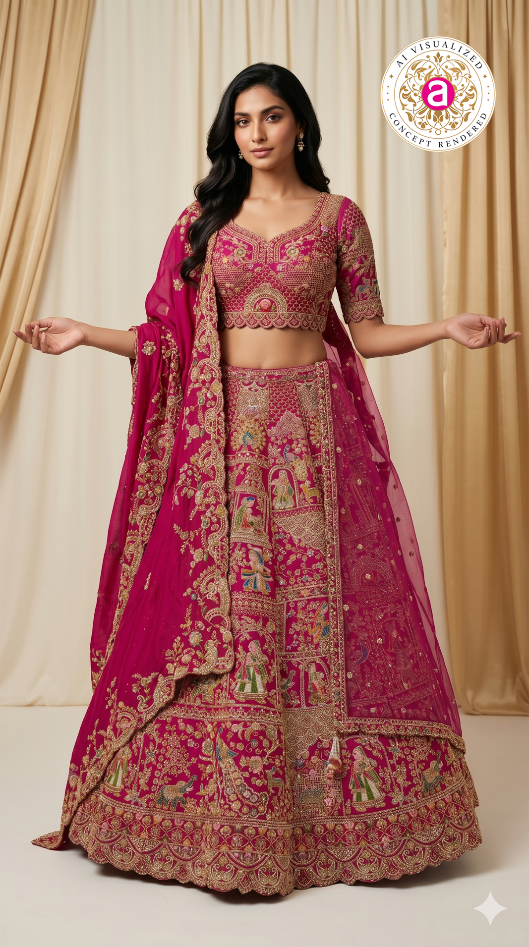 Rani Pink Royal Bridal Lehenga Set with Heritage Motif Embroidery & Designer Net Dupatta