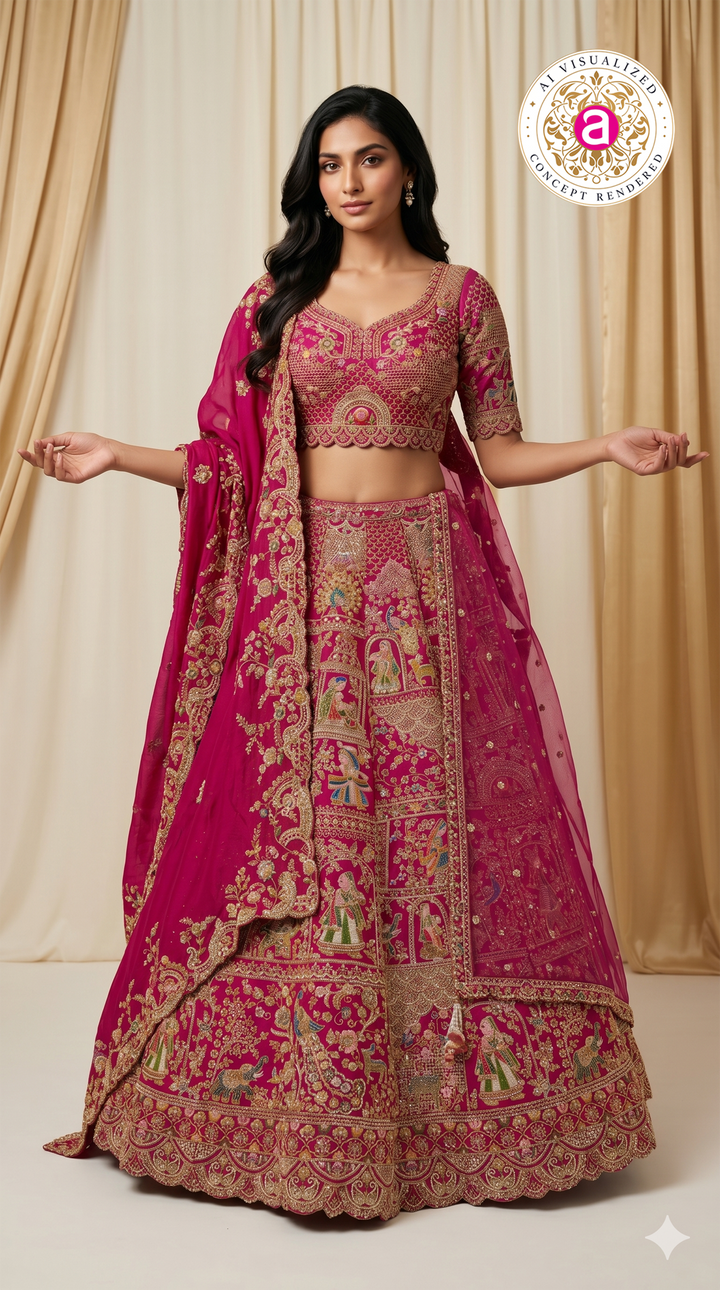 Rani Pink Royal Bridal Lehenga Set with Heritage Motif Embroidery & Designer Net Dupatta