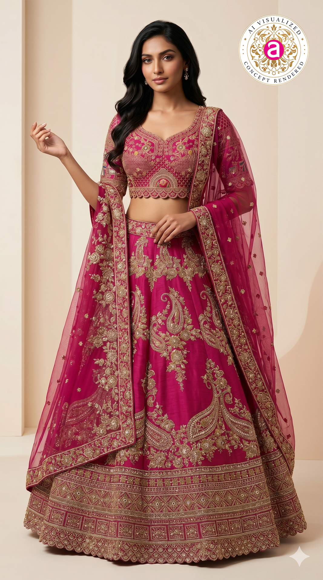 Rani Pink Designer Bridal Lehenga Set with Paisley Zari Embroidery & Embellished Net Dupatta