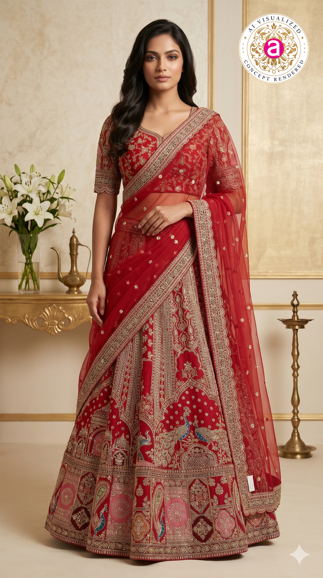 Royal Red Bridal Lehenga Set with Heritage Peacock Embroidery & Designer Net Dupatta