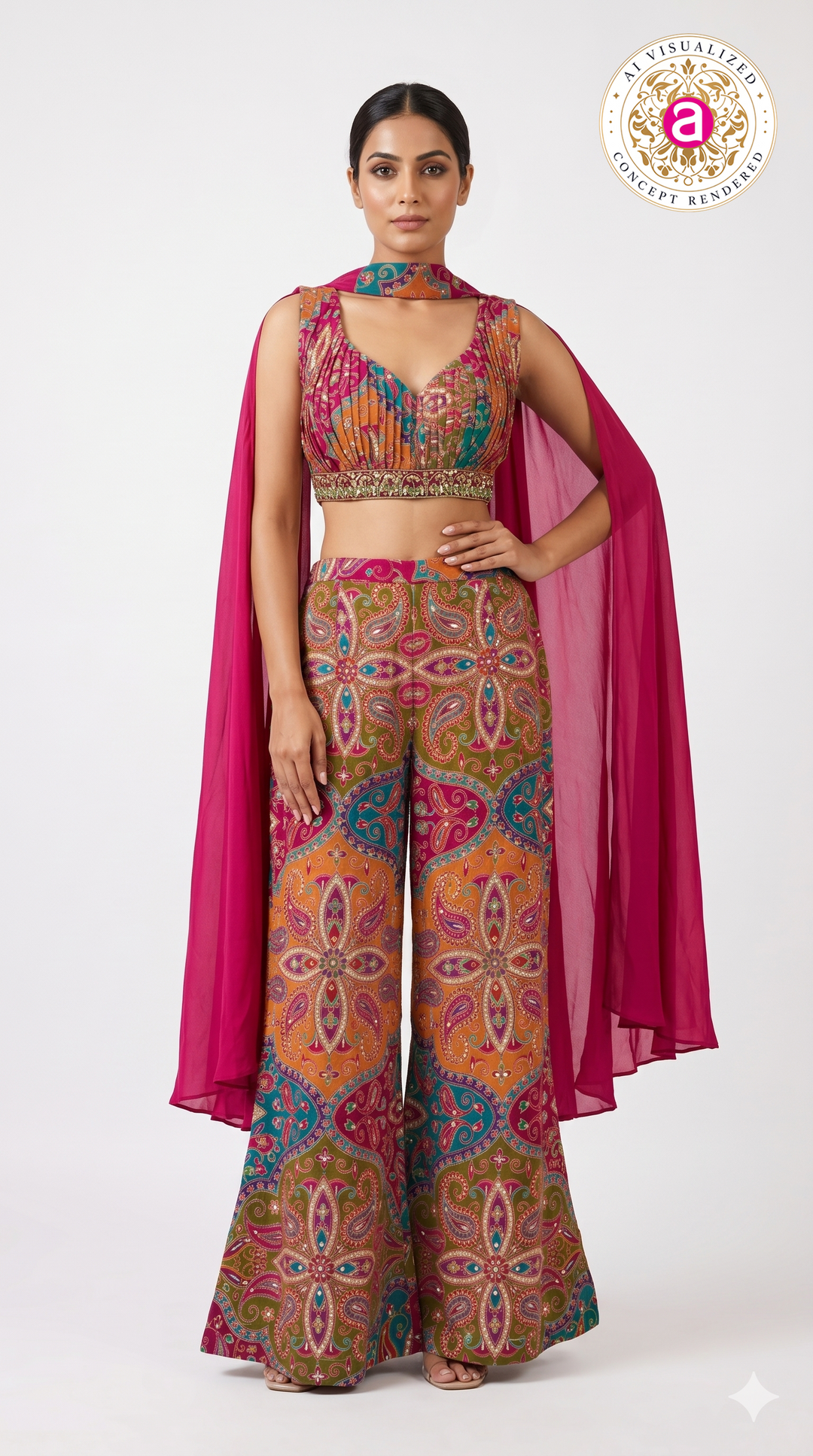 Multicolour Printed Crop Top & Palazzo Co-ord Set with Cape Dupatta