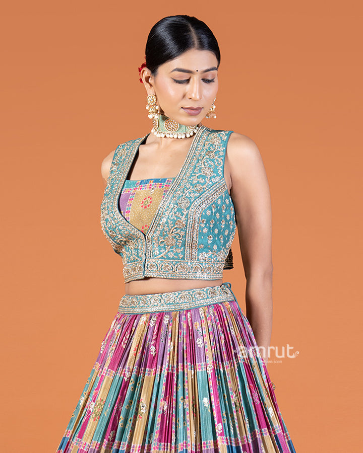 Teal and Golden Embroidered Choli with Multicolor Tiered Lehenga Set