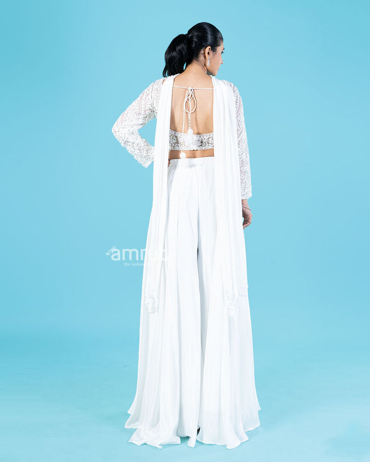 White Embroidered Crop Top with Wide-Leg Palazzo Pants and Beaded Choker Dupatta