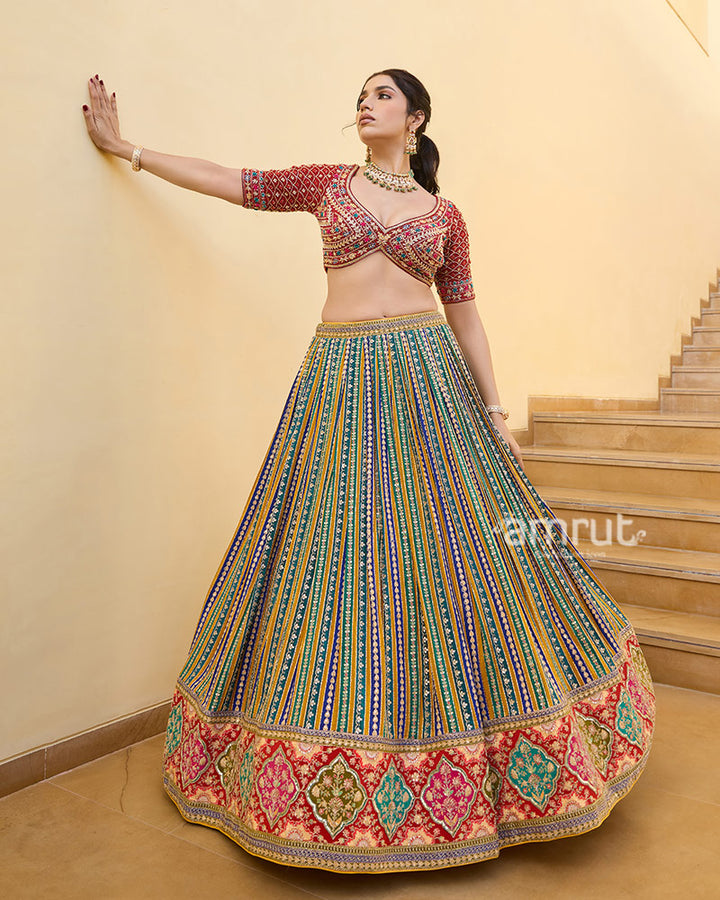 Multicolored Striped Lehenga with Embroidered Choli and Red Dupatta