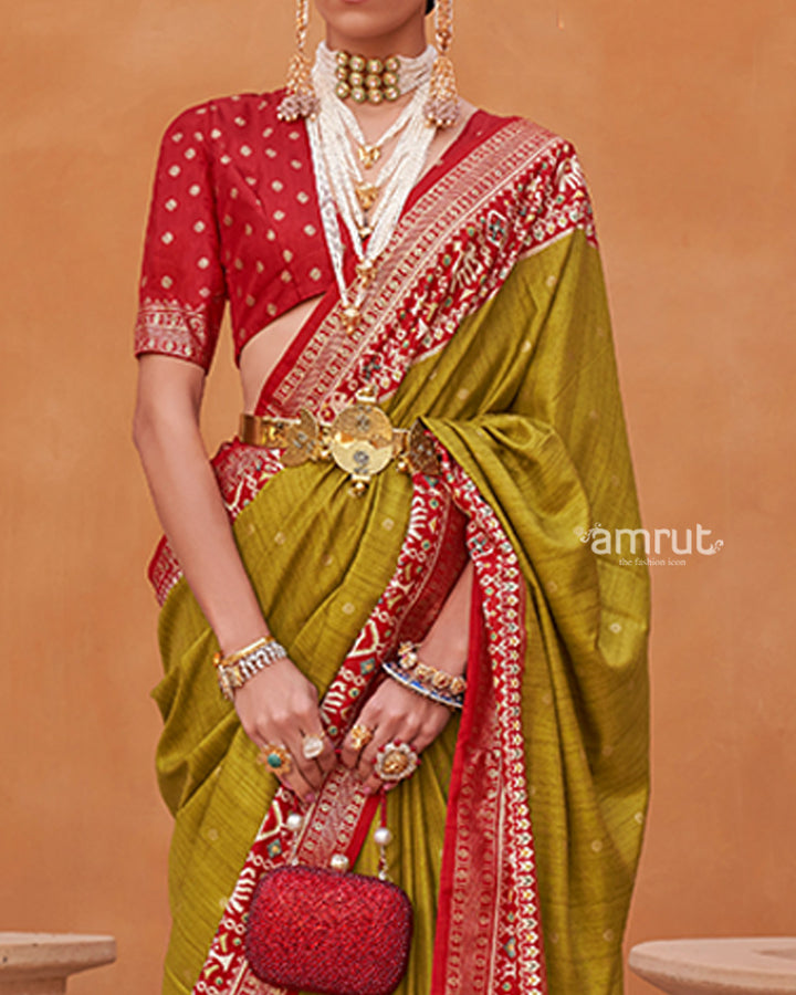 Lime Green Zari Weaving Red Border Saree in Patola Silk with Unstitched Blouse