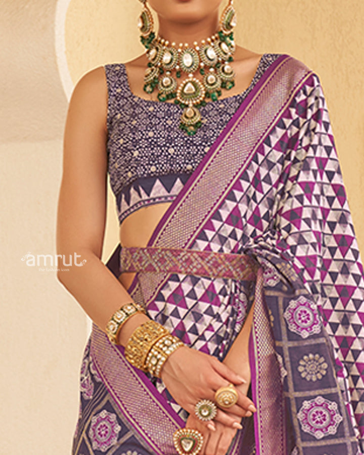 Purple & White Geometric Printed Embellished Zari Border Silk Saree with Unstitched Blouse