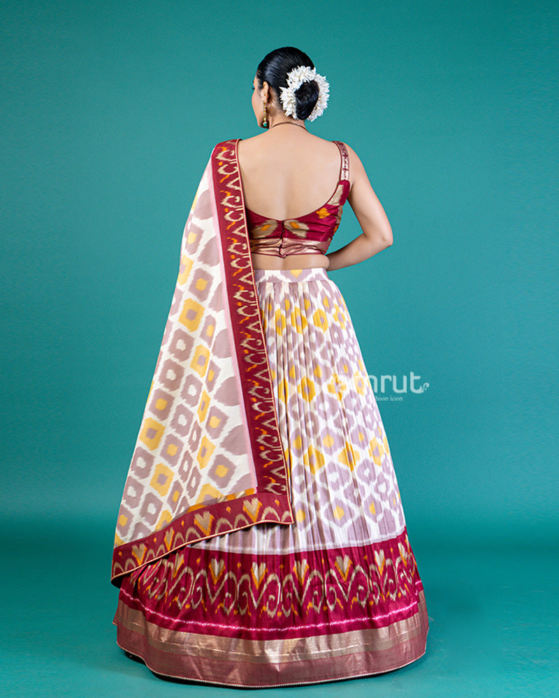 Cream-Beige Geometric Lehenga Choli with Maroon Border and Dupatta