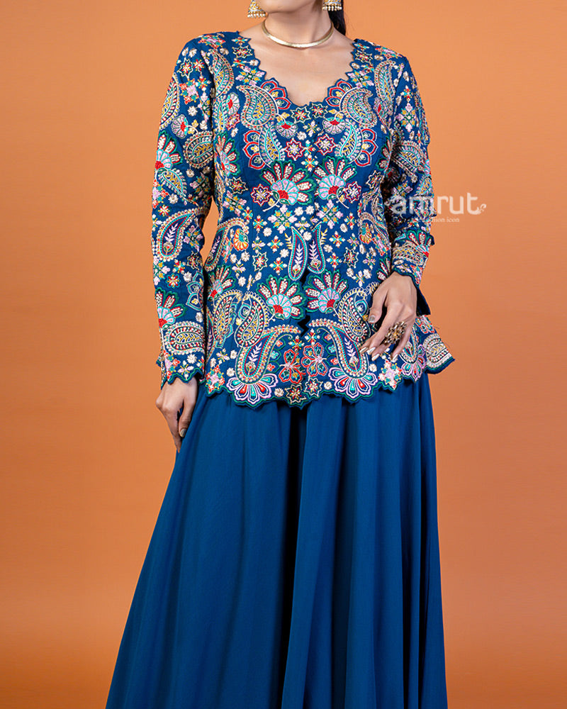 Dark Blue Embroidered Plum Top with Flowing Sharara Pants