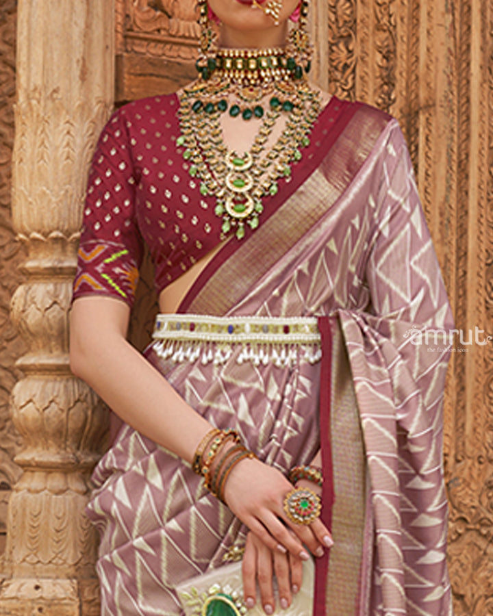 Mauve Geometric Patterns & Maroon Border Patola Silk Saree with Unstitched Blouse