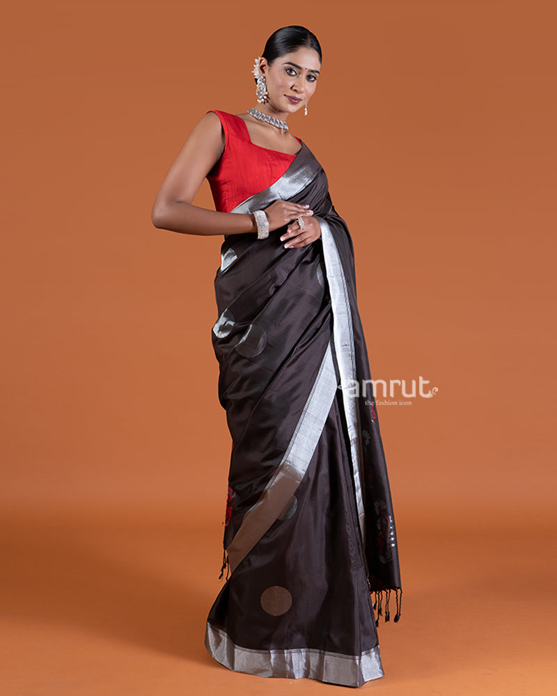 Black Silk with Silver Borders and Maroon Floral Design Saree with unstitched blouse