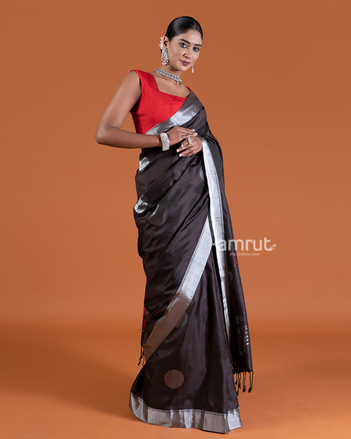 Black Silk with Silver Borders and Maroon Floral Design Saree with unstitched blouse