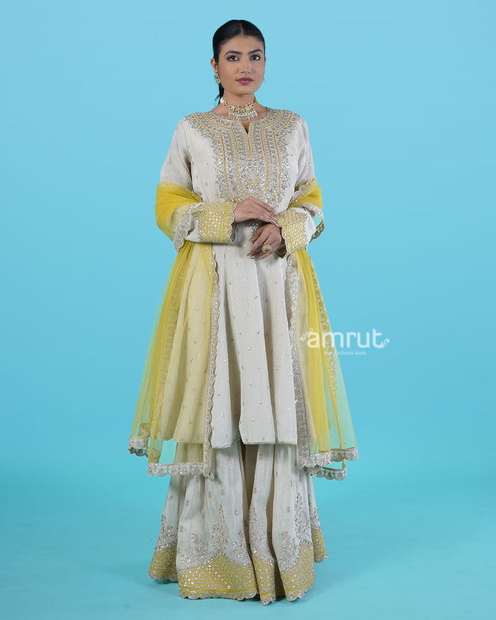 Cream Golden Embroidered salwar Kameez with Mustard Yellow Dupatta