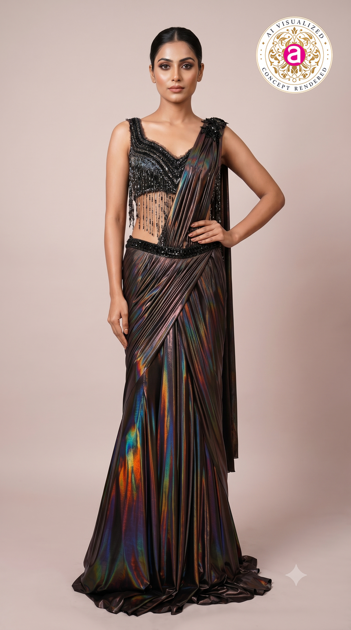 Midnight Prism Ready-to-Wear Metallic Saree with Fringe Designer Blouse