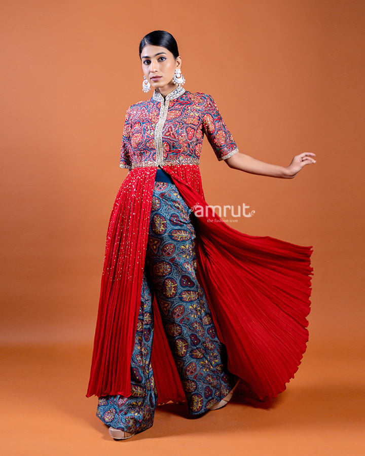 Red Front Cut Designer Kurti with Blue Printed Palazzo