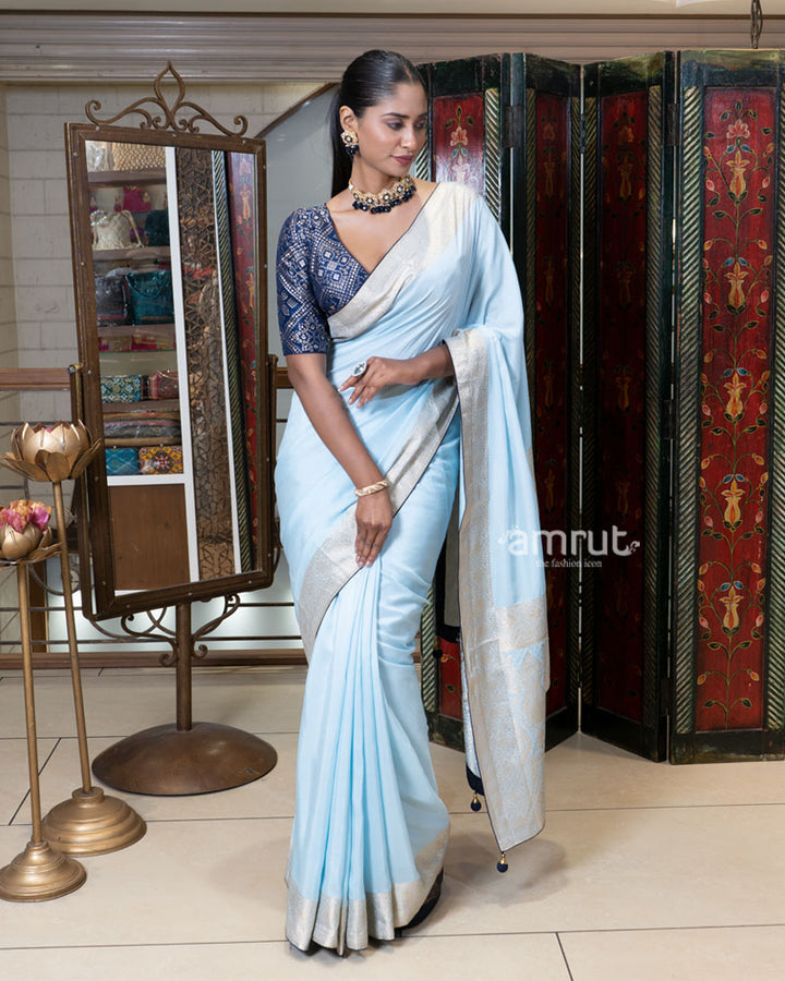 Pastel Blue Zari Woven Silk Saree with Embroidered Blouse