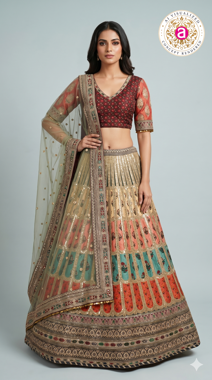 Multicolour Embroidered Bridal Lehenga Set with Net Dupatta