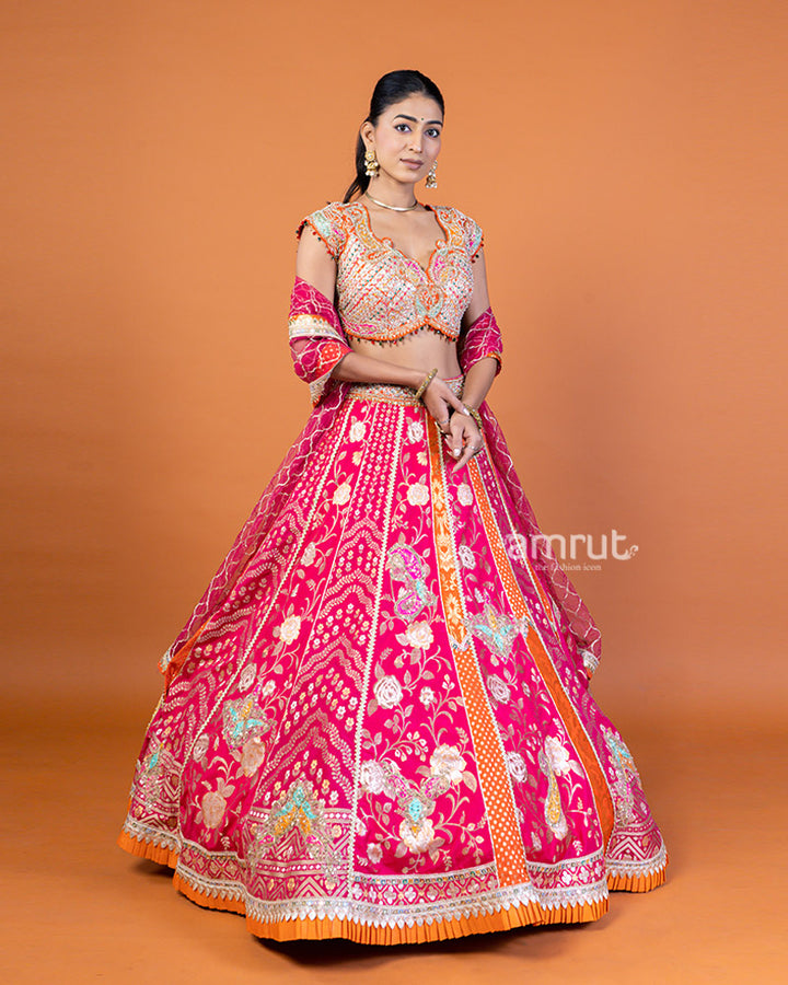 Pink and Orange Embroidered Lehenga Choli with Sheer Dupatta