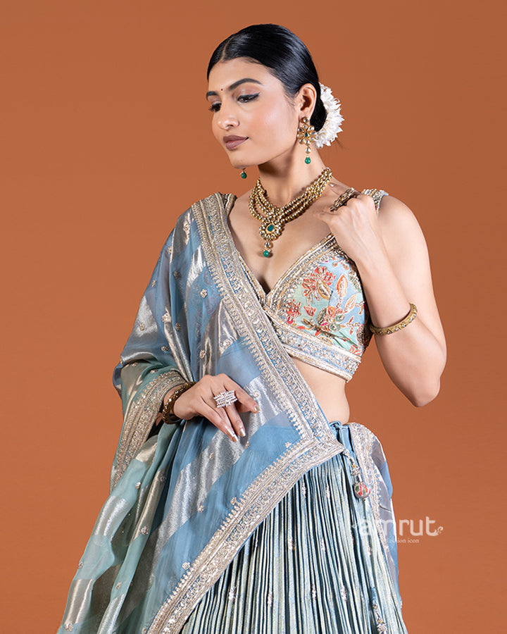 Gray-Blue Lehenga Set with Mint Green Choli, Pink Tassels, and Dupatta